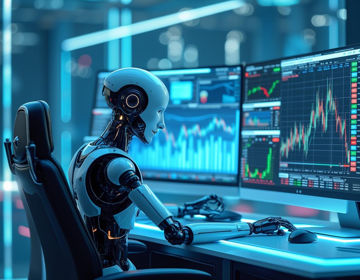 A hyper-realistic AI trading bot at a workstation analyzing market data across multiple screens.