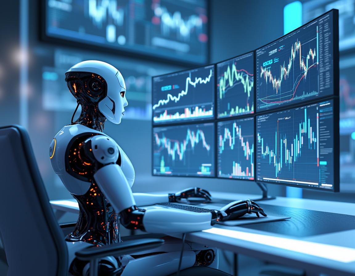 A hyper-realistic AI trading bot analyzes market data on multiple screens in a futuristic setting.
