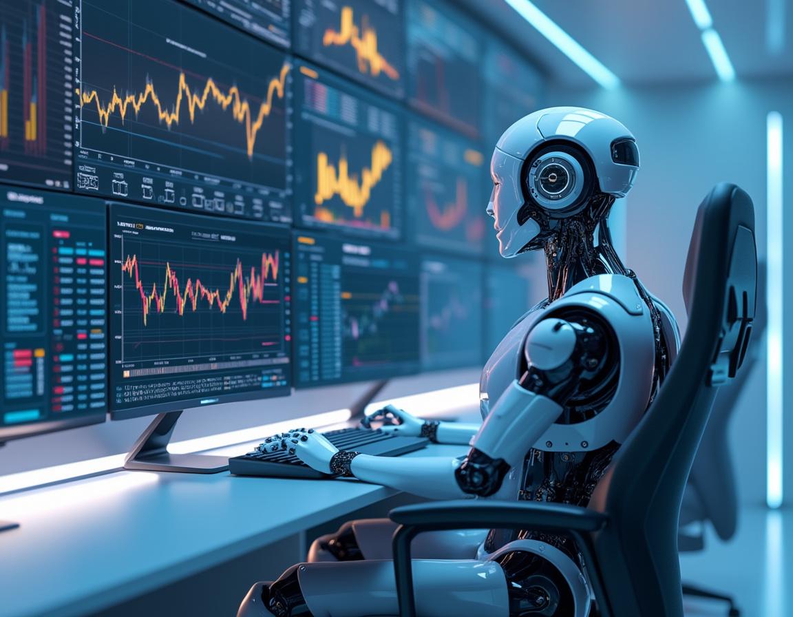 A hyper-realistic AI trading bot in a futuristic workspace analyzing data on multiple screens.
