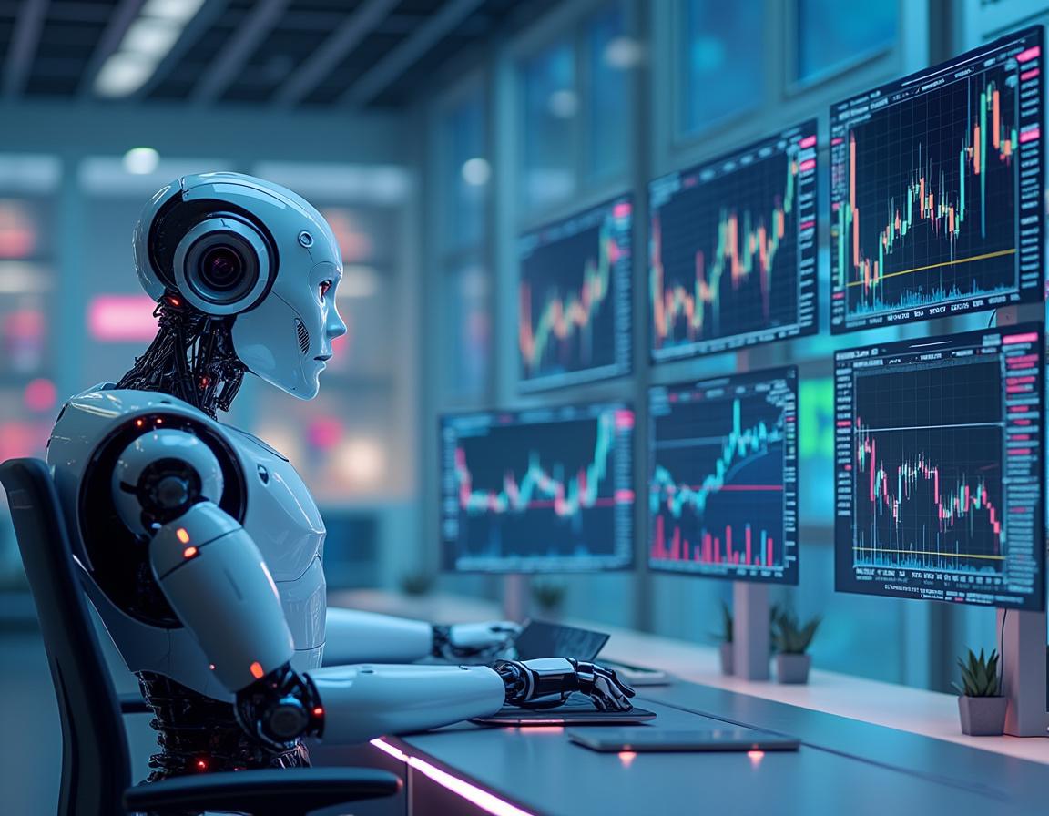 A hyper-realistic AI trading bot at a high-tech workstation analyzing stock and crypto market data.