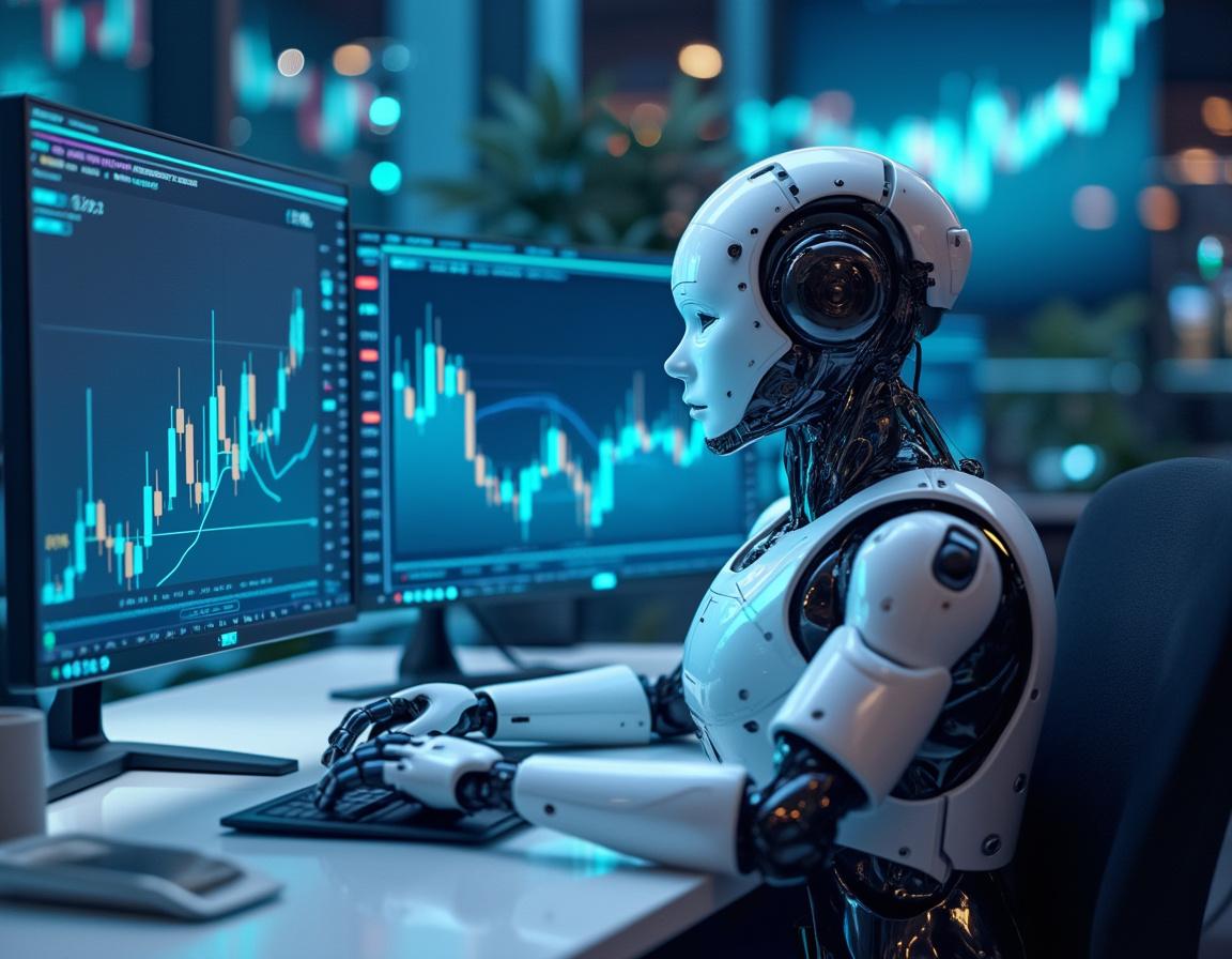 A humanoid AI trading bot at a futuristic workstation analyzing market data on multiple screens with vibrant charts.