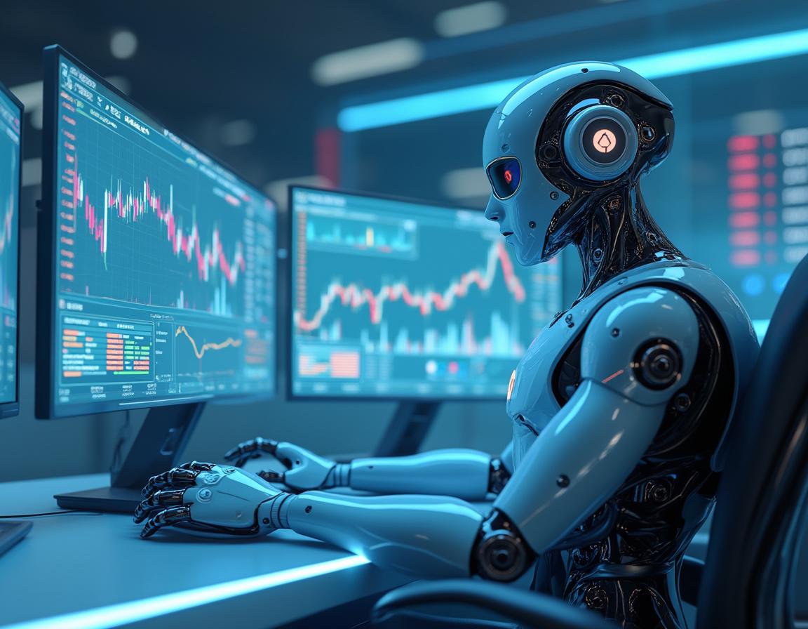 A futuristic 3D AI trading bot sits at a sleek workstation analyzing multiple market data screens.