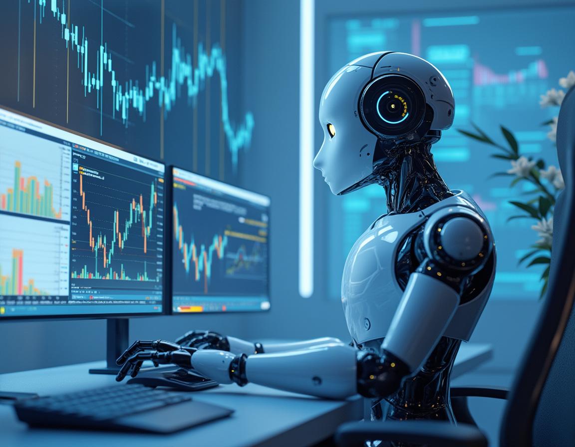 A hyper-realistic AI trading bot operates in a futuristic financial setting, analyzing market data.