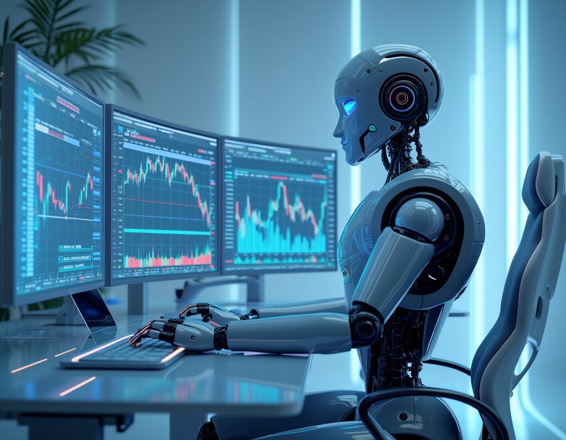 A humanoid AI trading bot analyzes market data at a high-tech workstation with multiple screens.
