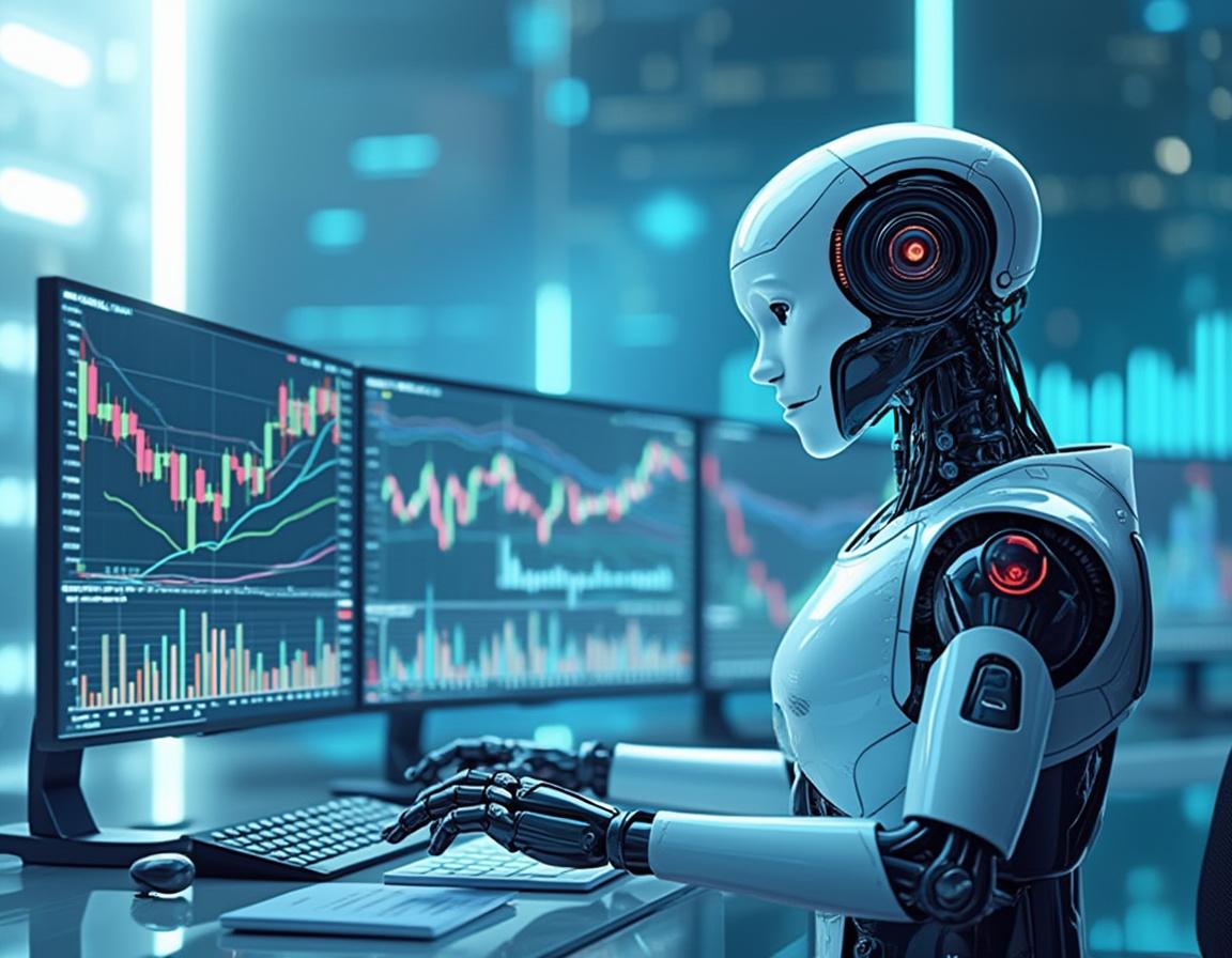 A humanoid AI trading bot analyzes market data at a futuristic workstation surrounded by multiple screens.