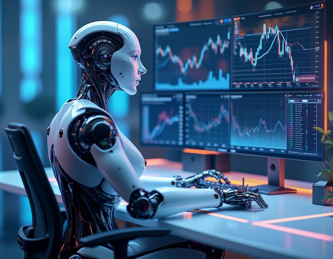 A hyper-realistic AI trading bot in a futuristic workspace analyzing stock and crypto market data.