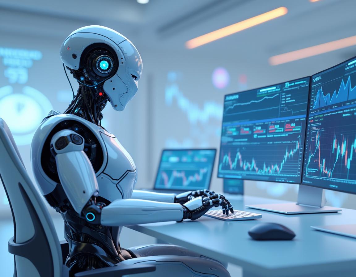 A hyper-realistic AI trading bot in a futuristic setting, analyzing market data on multiple screens.