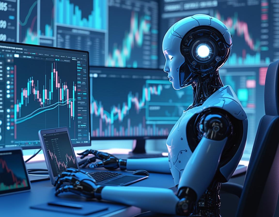 A hyper-realistic AI trading bot at a workstation analyzing market data on multiple screens in a futuristic setting.