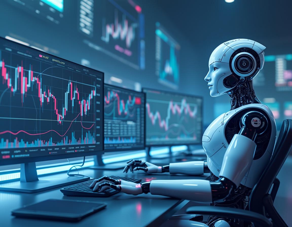 A hyper-realistic AI trading bot at a high-tech workstation, analyzing data on multiple screens.