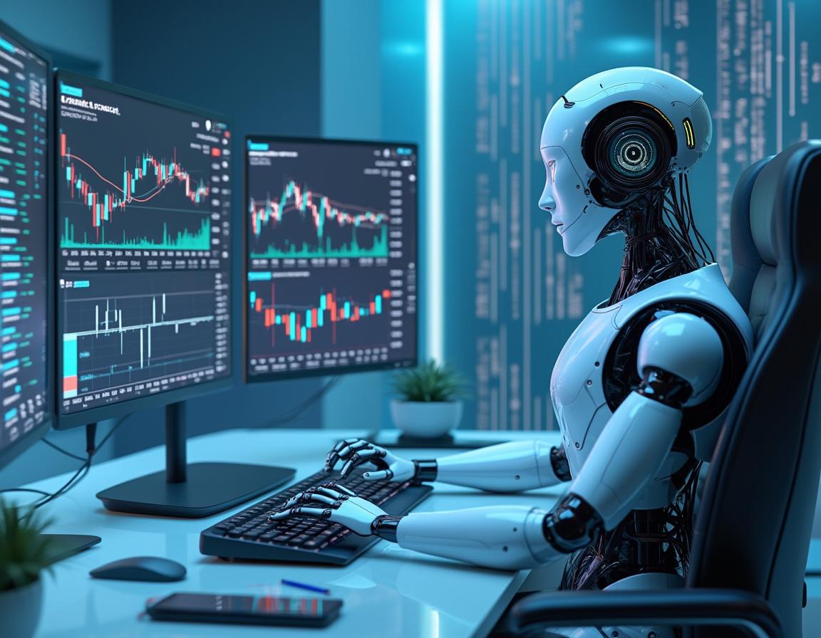 A humanoid AI trading bot at a high-tech workstation analyzing multiple screens showing market data.