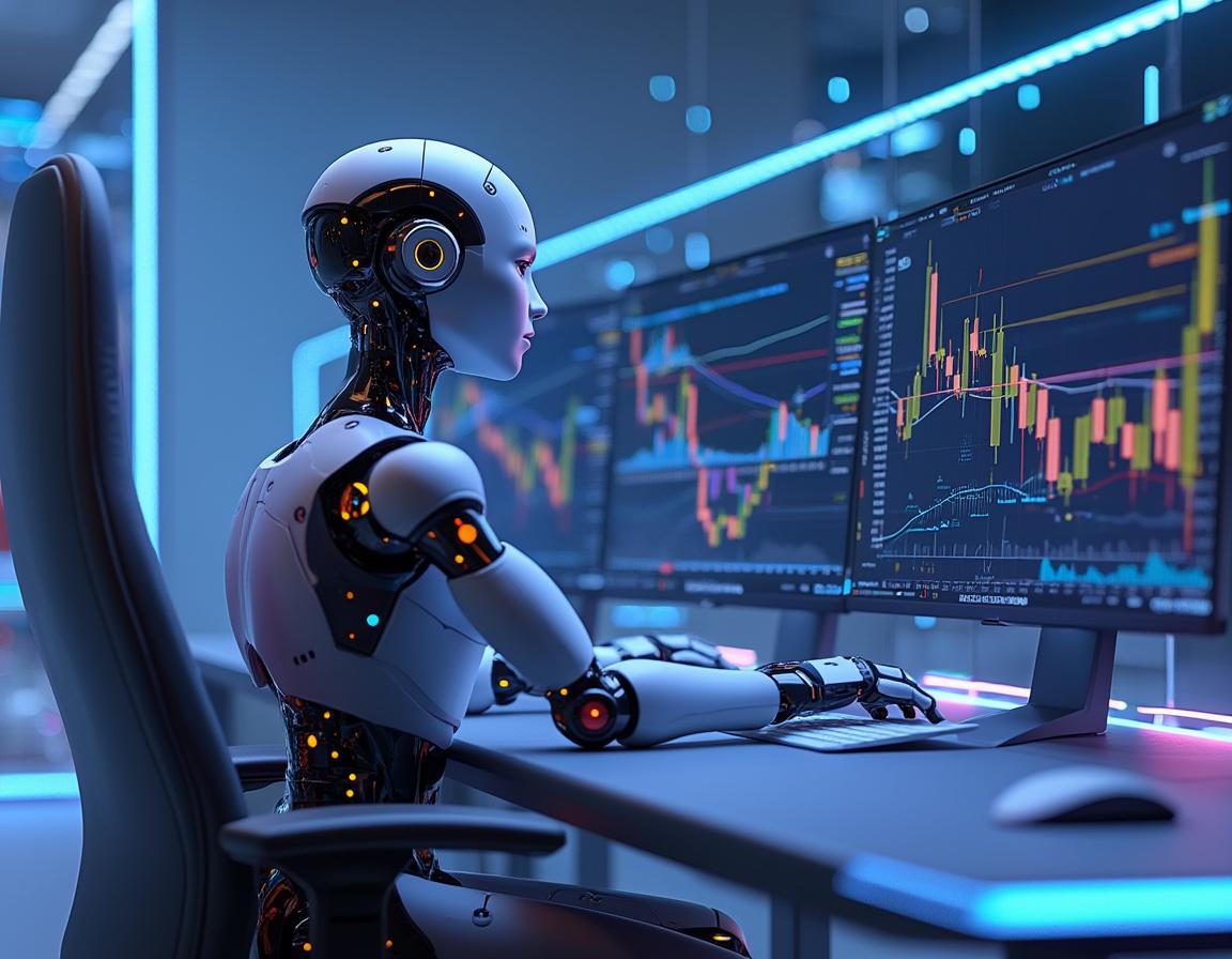 A hyper-realistic AI trading bot at a futuristic workstation analyzing crypto and stock market data on multiple screens.