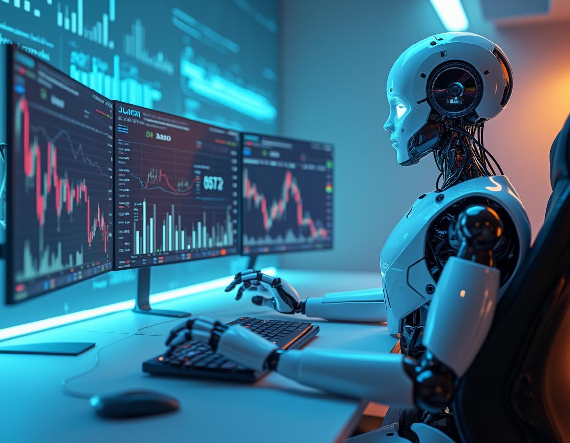 A sleek humanoid AI trading bot analyzes data on multiple screens in a futuristic financial setting.