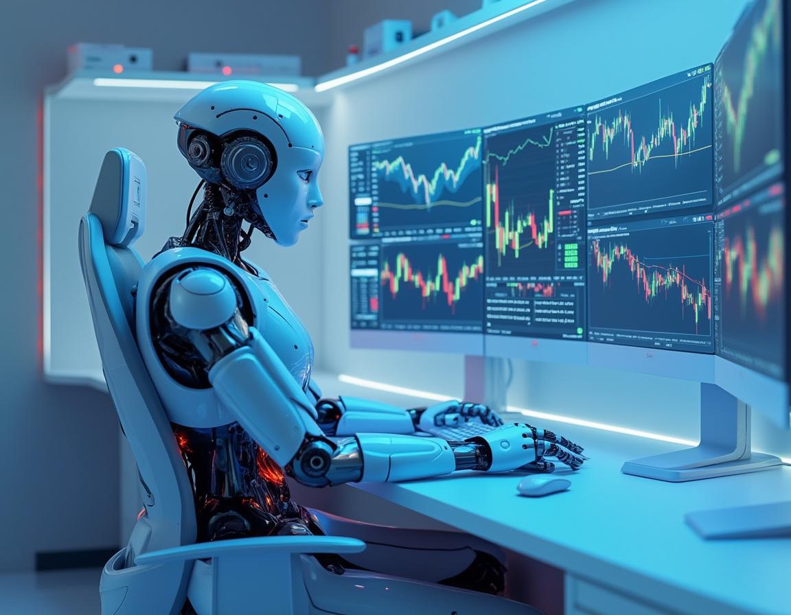 A hyper-realistic AI trading bot analyzes market data at a sleek workstation surrounded by screens.