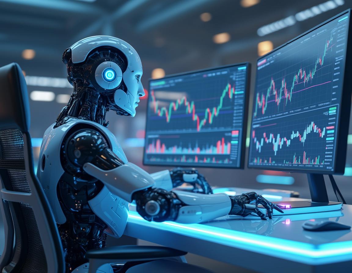 Hyper-realistic AI trading bot analyzing market data on multiple screens in a futuristic financial environment.