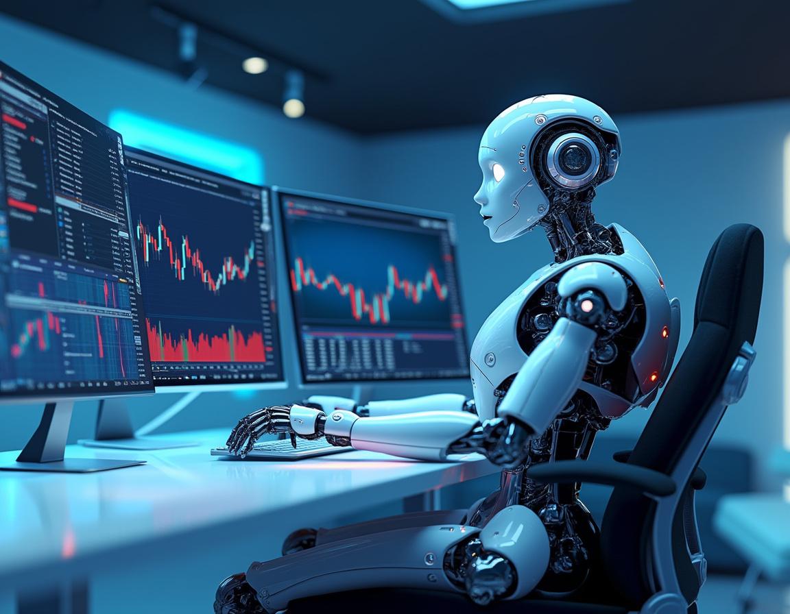 A humanoid AI trading bot analyzes market data at a high-tech workstation surrounded by multiple screens.