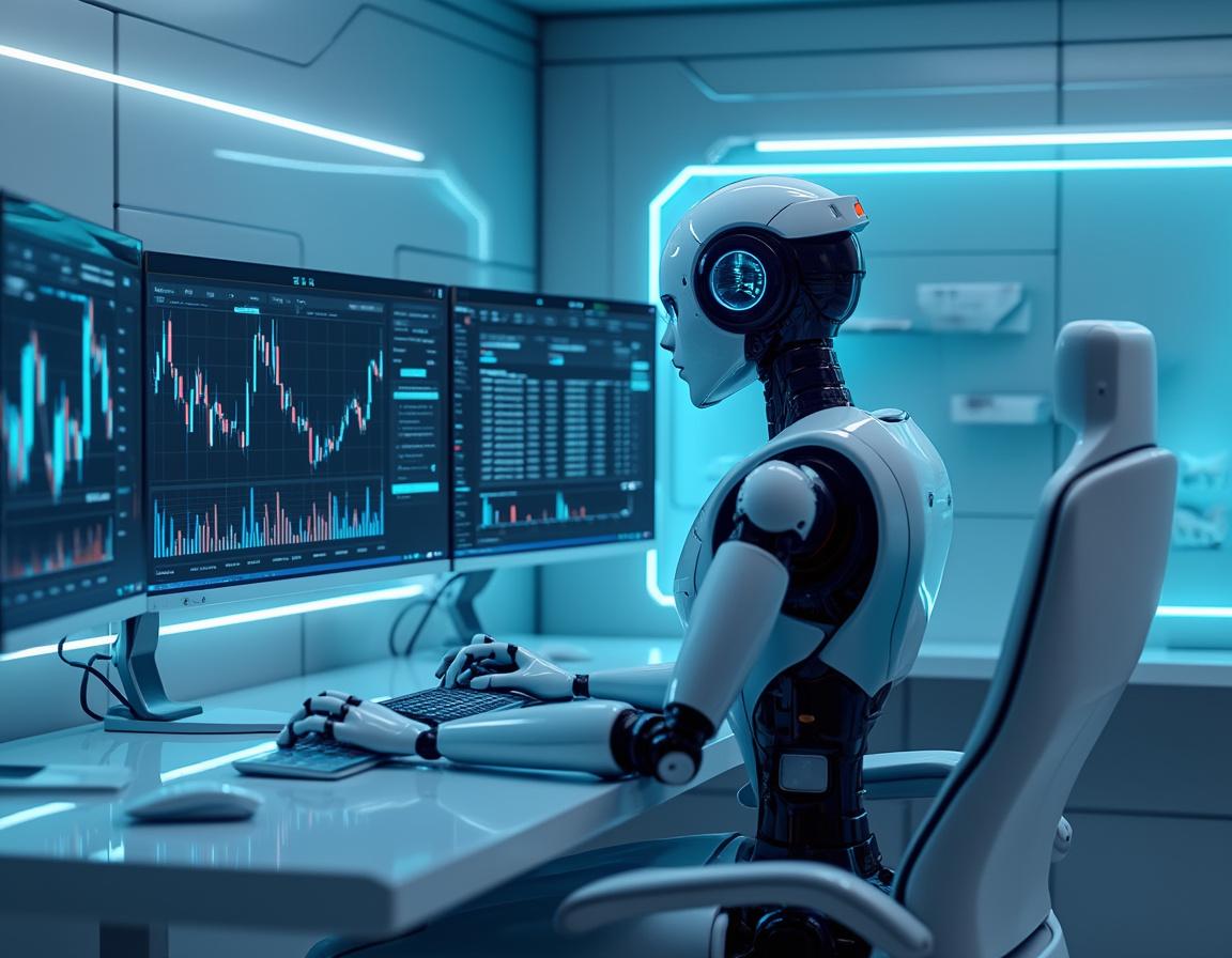A hyper-realistic AI trading bot operates in a futuristic environment, analyzing market data.