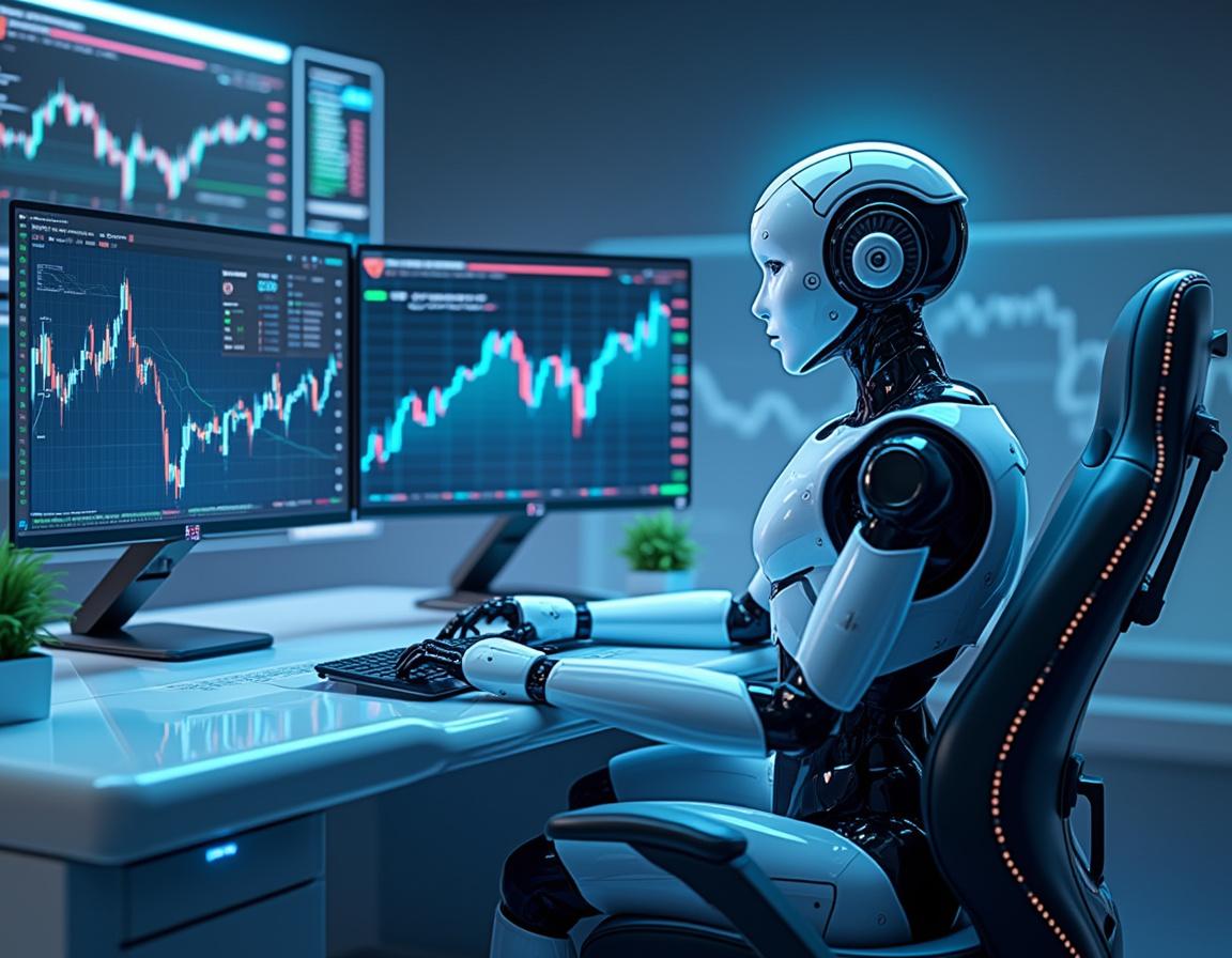 Hyper-realistic AI trading bot at a high-tech workstation analyzing market data on multiple screens.