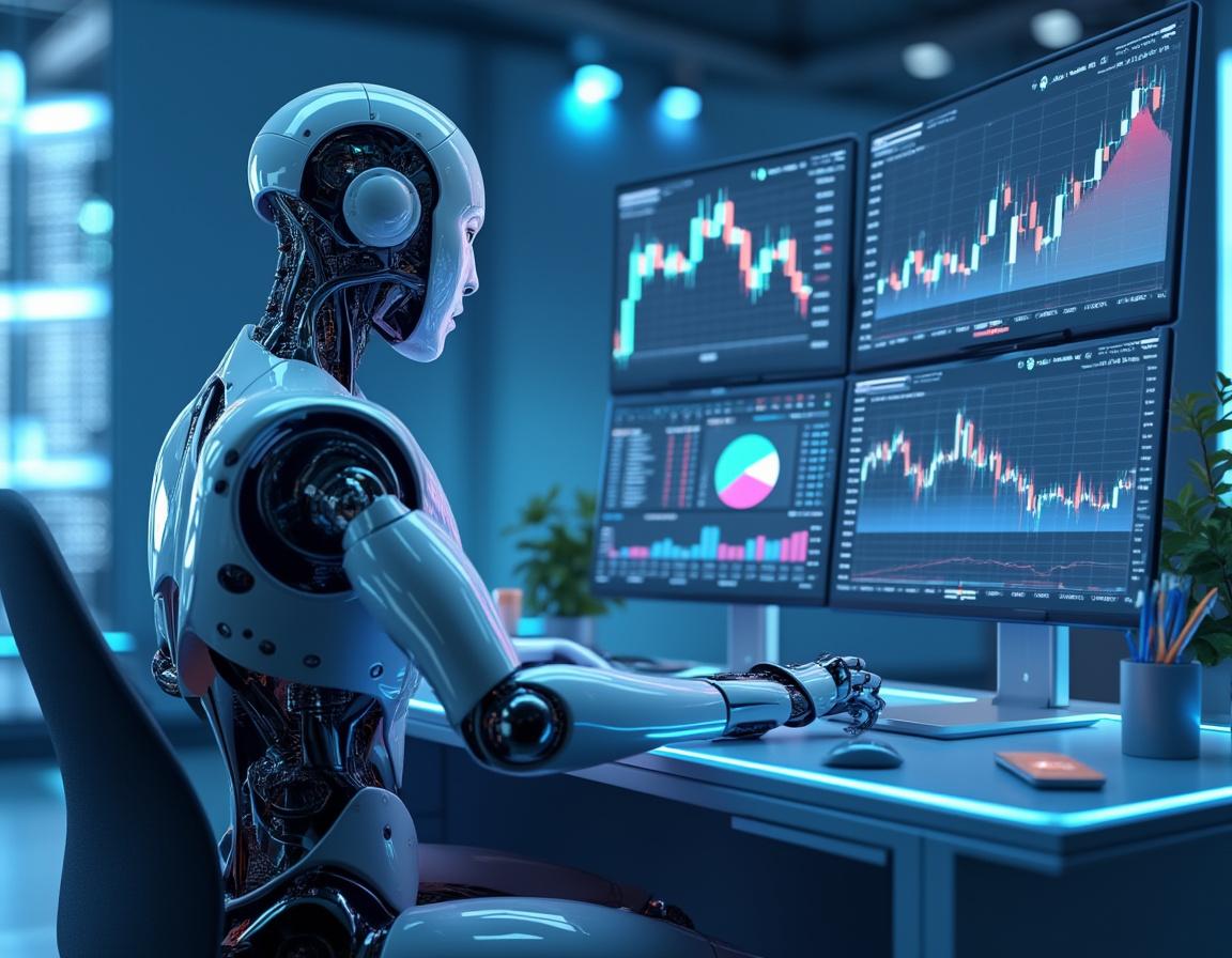 Hyper-realistic AI trading bot at a high-tech workstation analyzing market data on multiple screens.