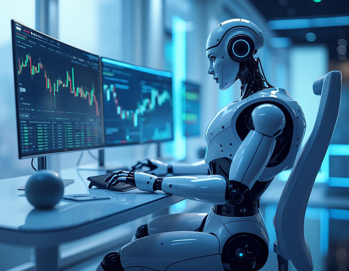 A hyper-realistic AI trading bot at a futuristic workstation analyzing stock and crypto market data.