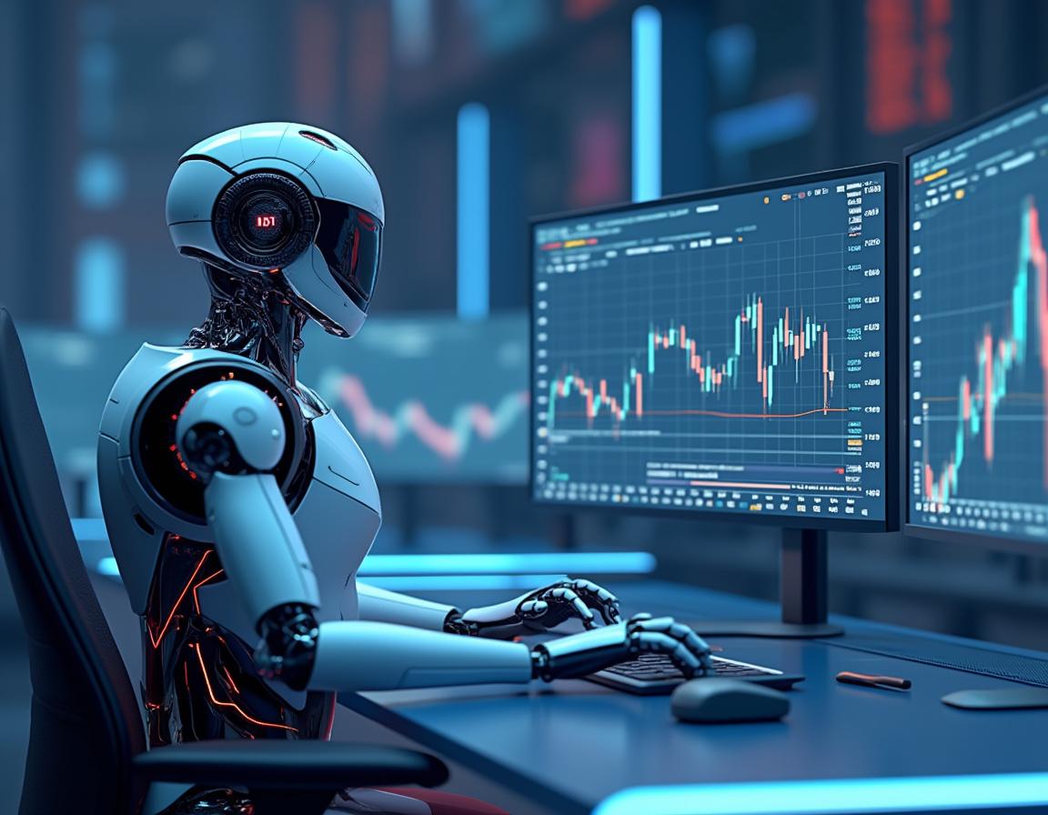 A hyper-realistic AI trading bot at a workstation analyzing market data, amidst stock charts.