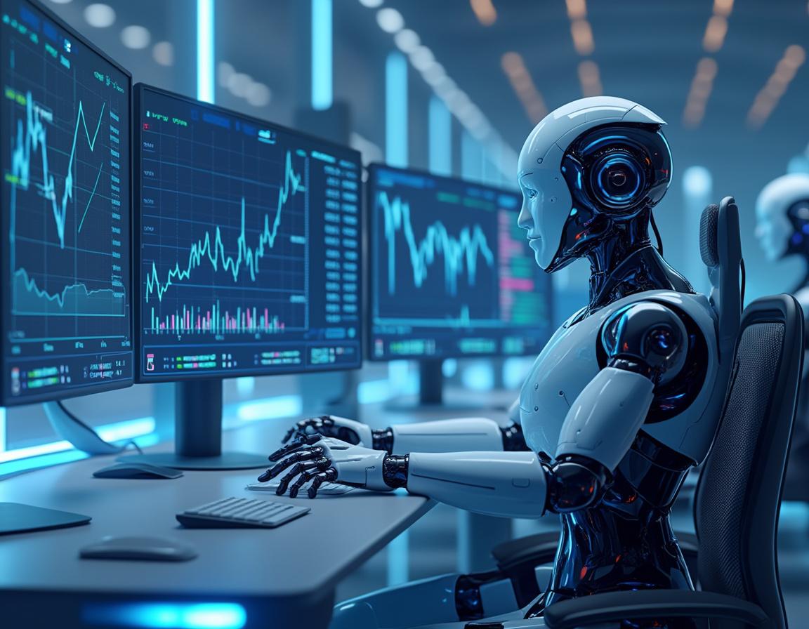 A hyper-realistic AI trading bot at a workstation, analyzing market data across multiple screens.