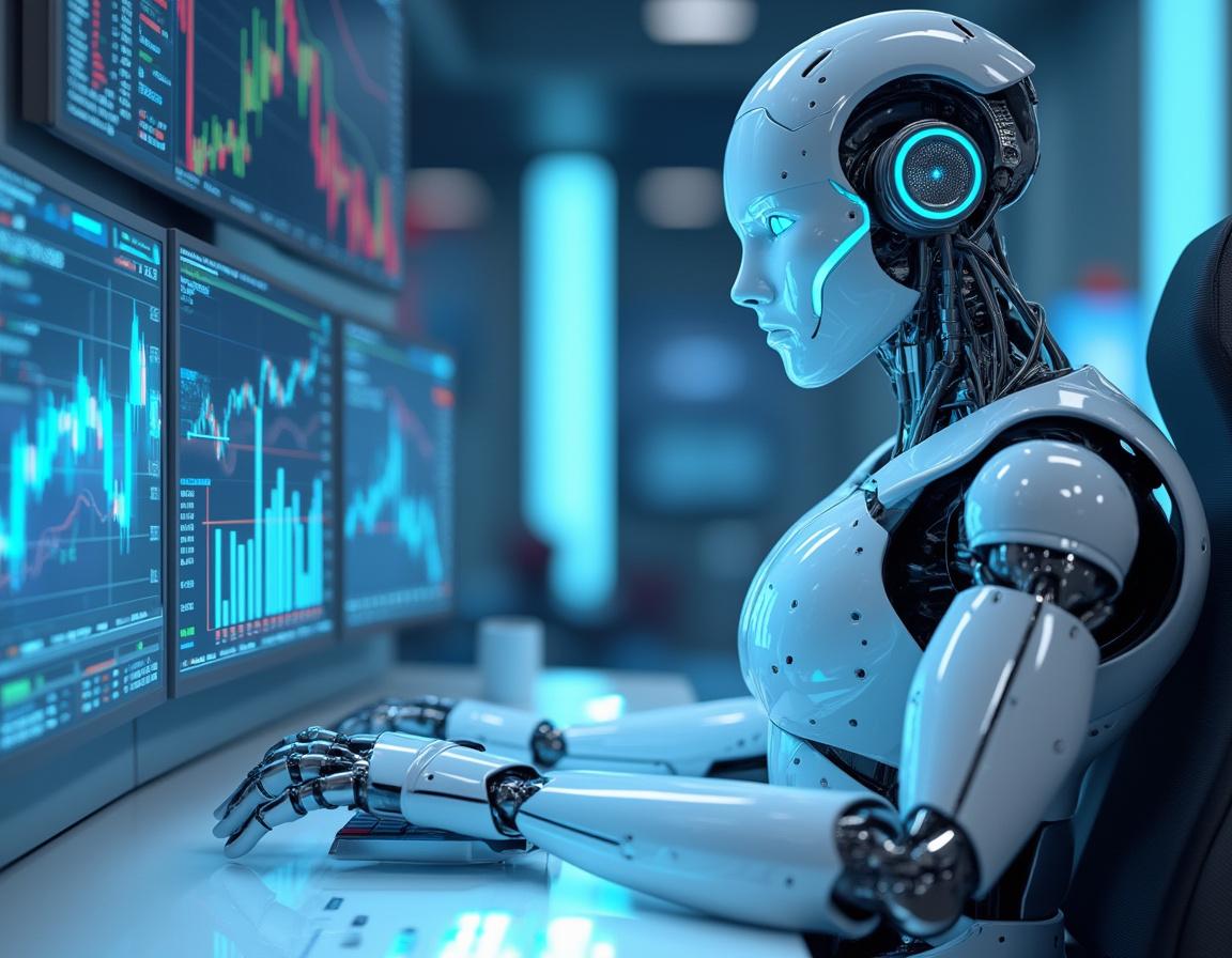 A humanoid AI trading bot assesses market data at a high-tech workstation, surrounded by screens.
