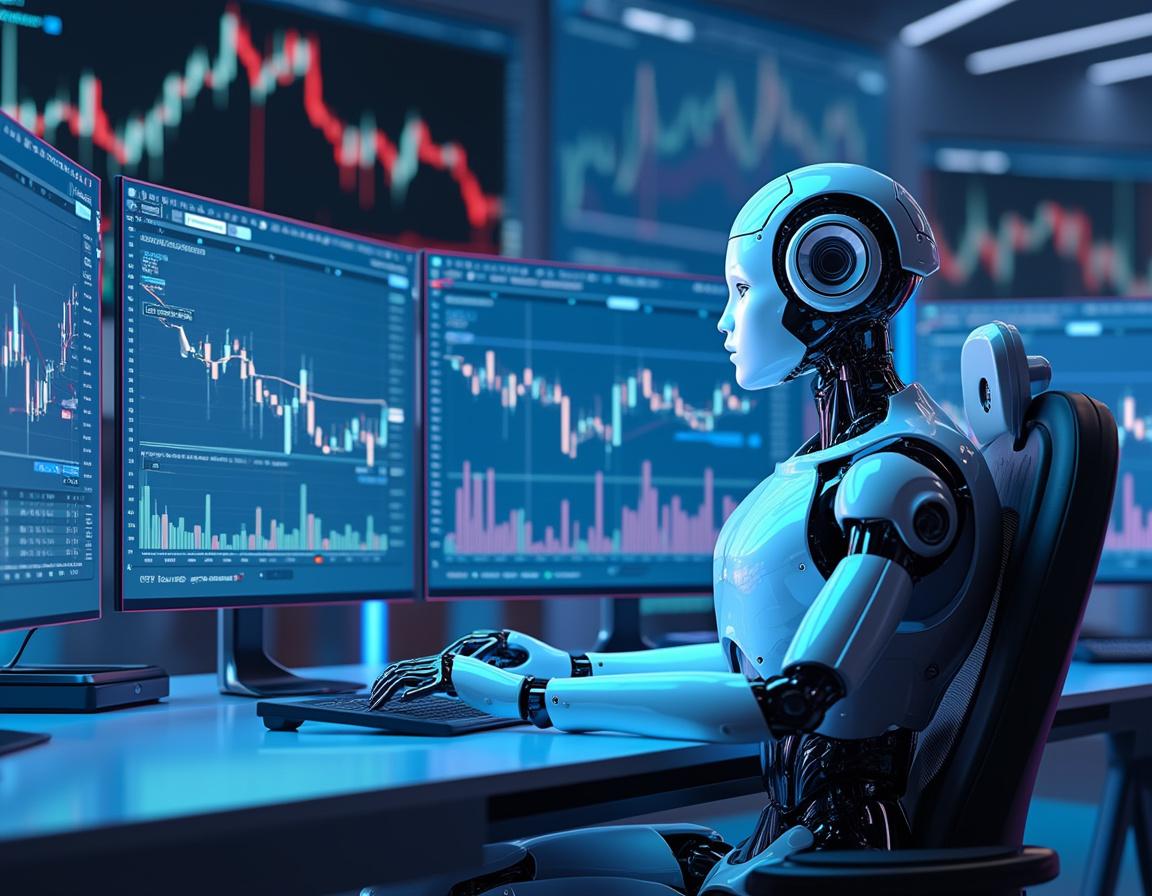 A hyper-realistic AI trading bot at a futuristic workstation analyzing stock and crypto market data.