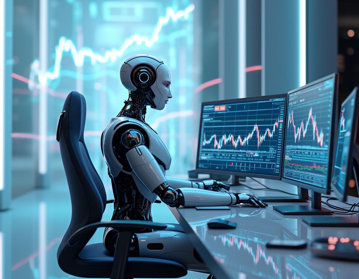 A humanoid AI trading bot analyzing market data at a futuristic workstation with multiple screens.