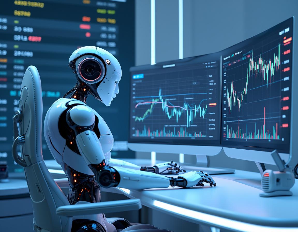 A humanoid AI trading bot analyzes market data at a high-tech workstation with glowing screens.