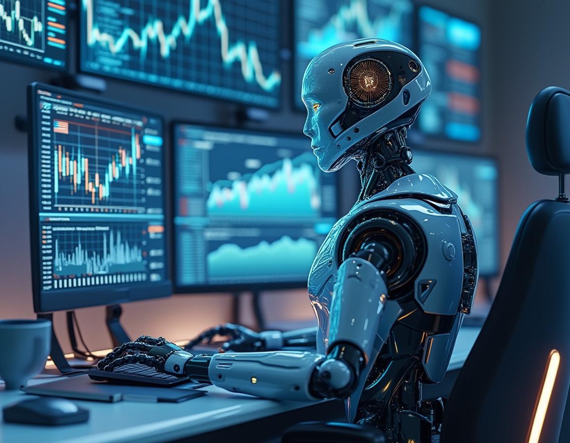 A hyper-realistic AI trading bot at a high-tech workstation analyzing stock and crypto market data.