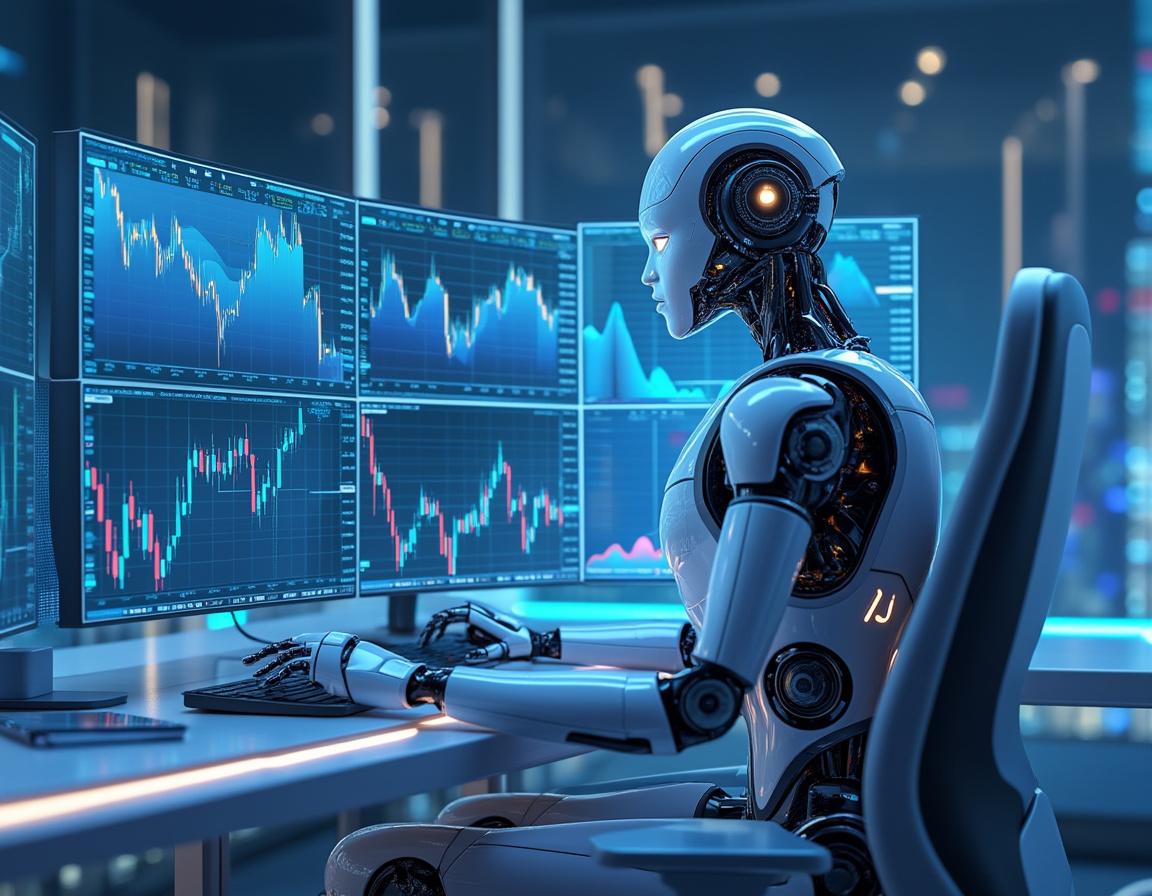 A humanoid AI trading bot at a high-tech workstation analyzes market data on multiple screens.