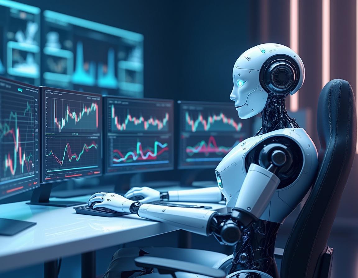 A hyper-realistic AI trading bot at a futuristic workstation analyzing stock and crypto market data.