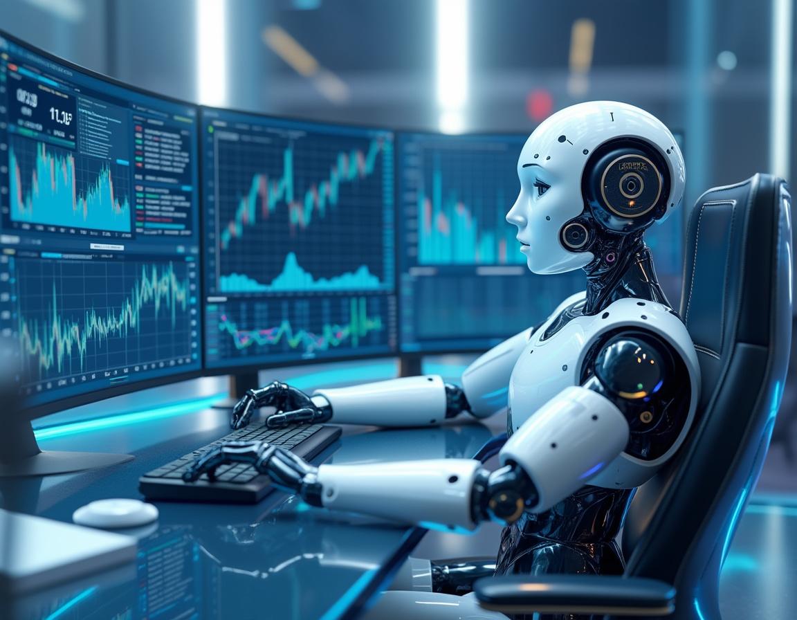A hyper-realistic AI trading bot at a workstation analyzing market data across multiple screens.