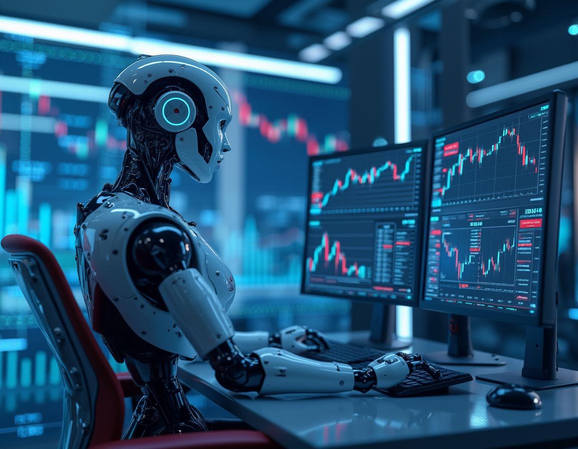A humanoid AI trading bot analyzes market data at a futuristic workstation with multiple screens.