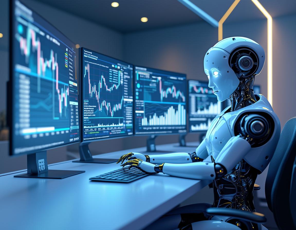 A humanoid AI trading bot analyzes market data at a high-tech workstation with futuristic screens.