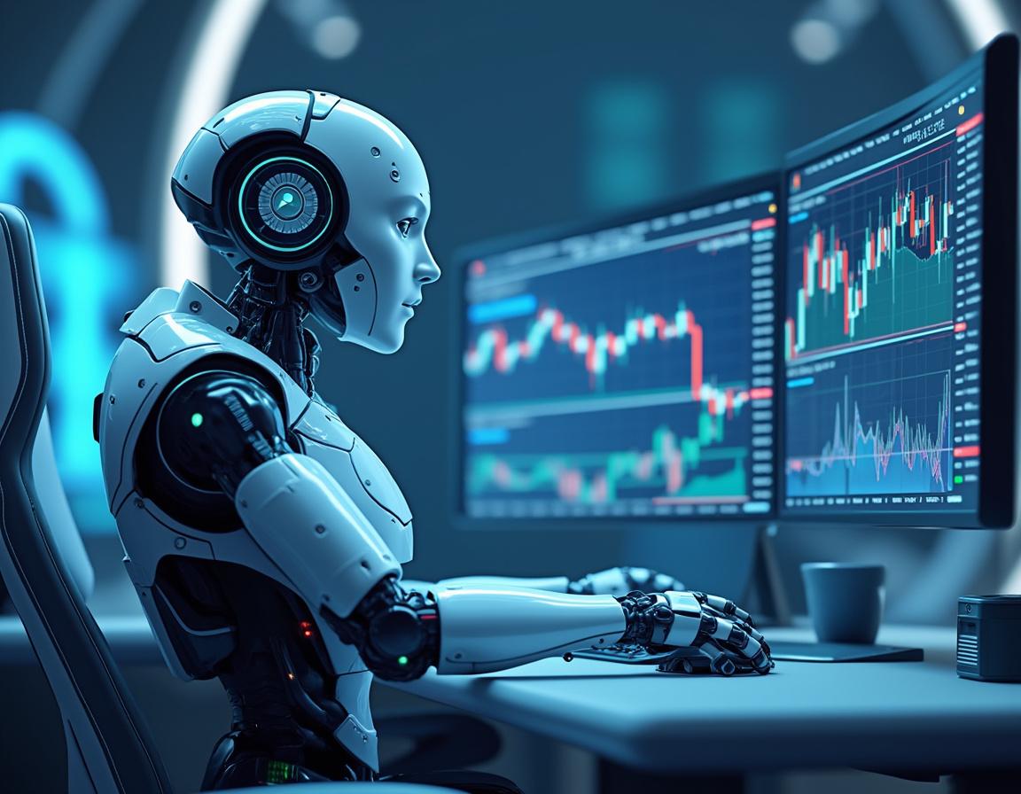 A humanoid AI trading bot at a high-tech workstation analyzing market data on multiple screens showing charts.