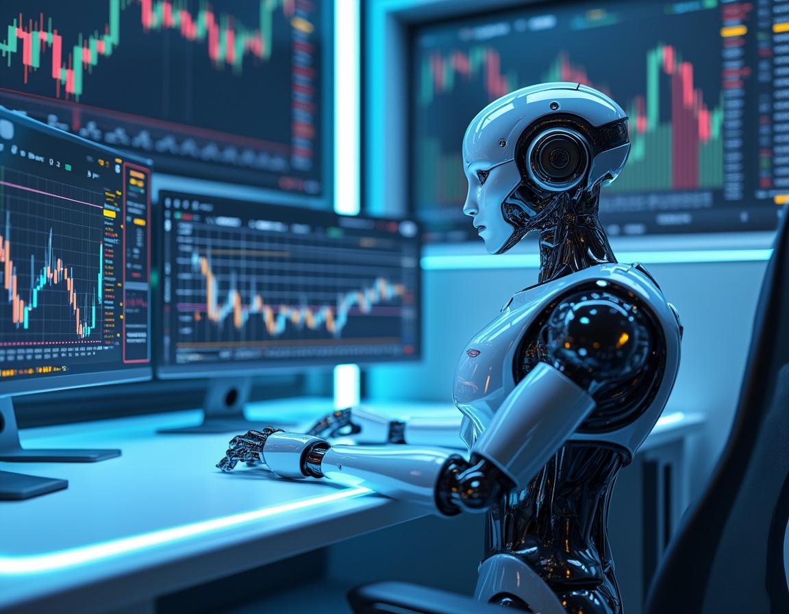 A hyper-realistic AI trading bot at a workstation analyzing market data on multiple screens.