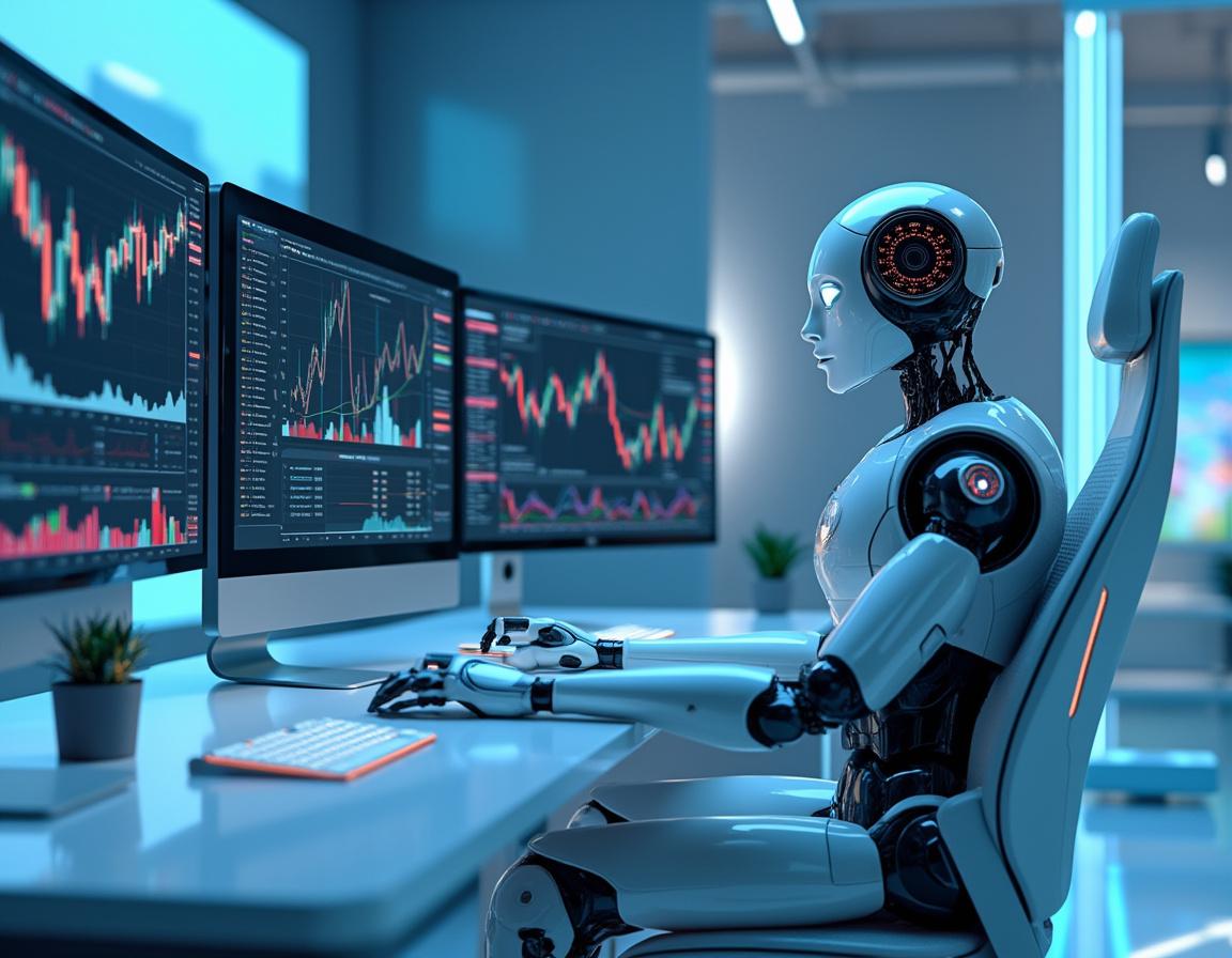 A humanoid AI trading bot analyzes market data at a high-tech workstation with multiple screens.