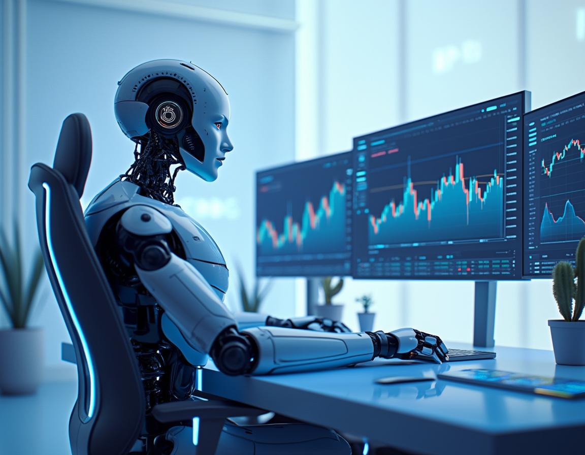 A hyper-realistic AI trading bot in a futuristic setting analyzes market data on multiple screens.