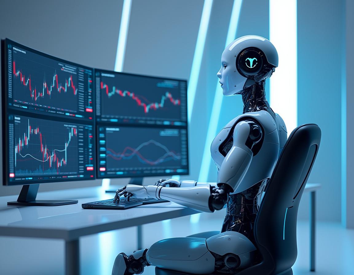 A hyper-realistic AI trading bot at a high-tech workstation analyzing stock and crypto market data.