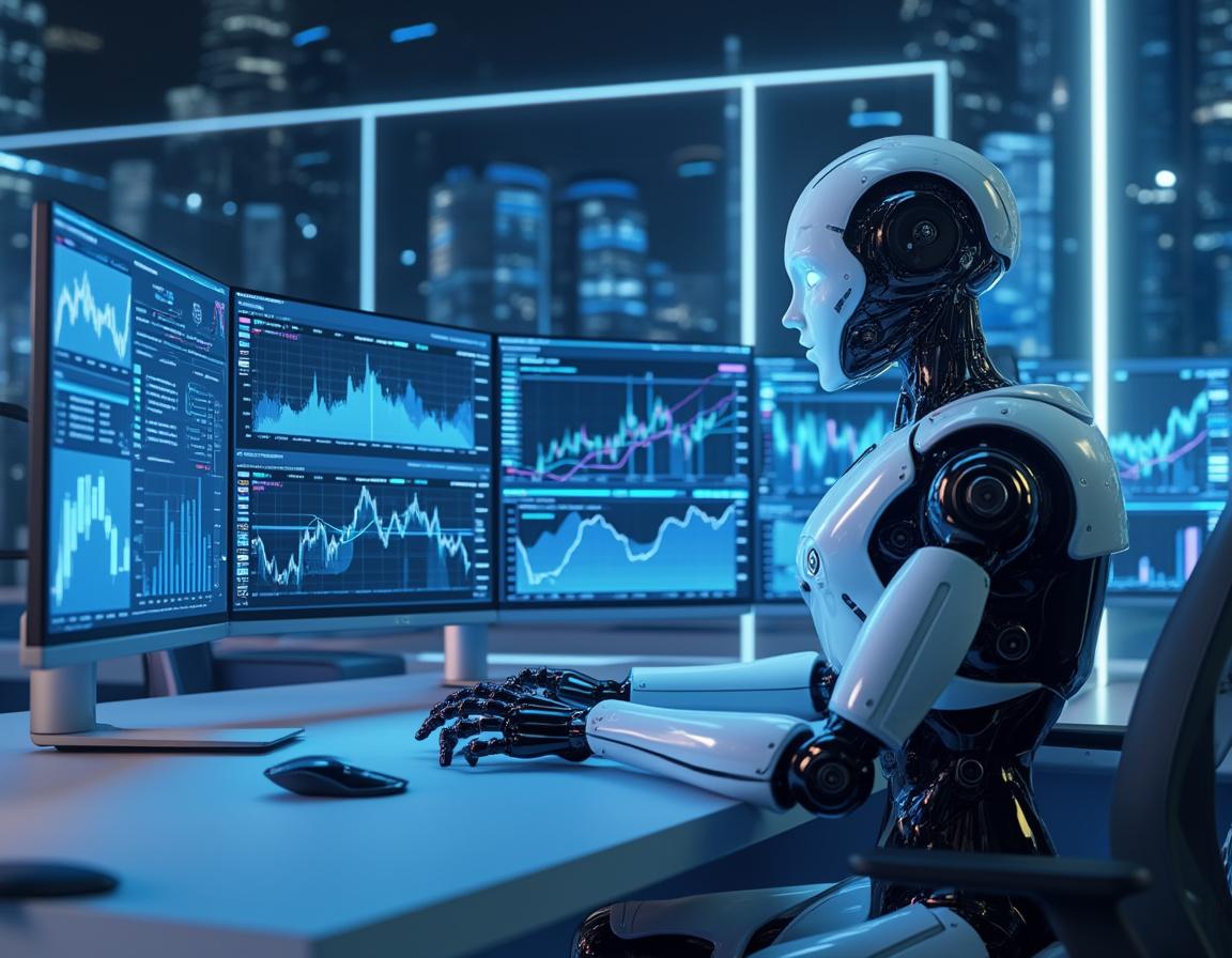 A hyper-realistic AI trading bot at a workstation analyses market data across multiple screens.