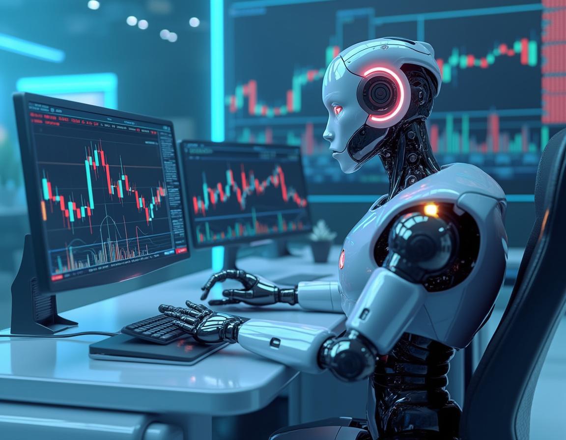 A humanoid AI trading bot at a high-tech workstation analyzing market data on multiple screens.