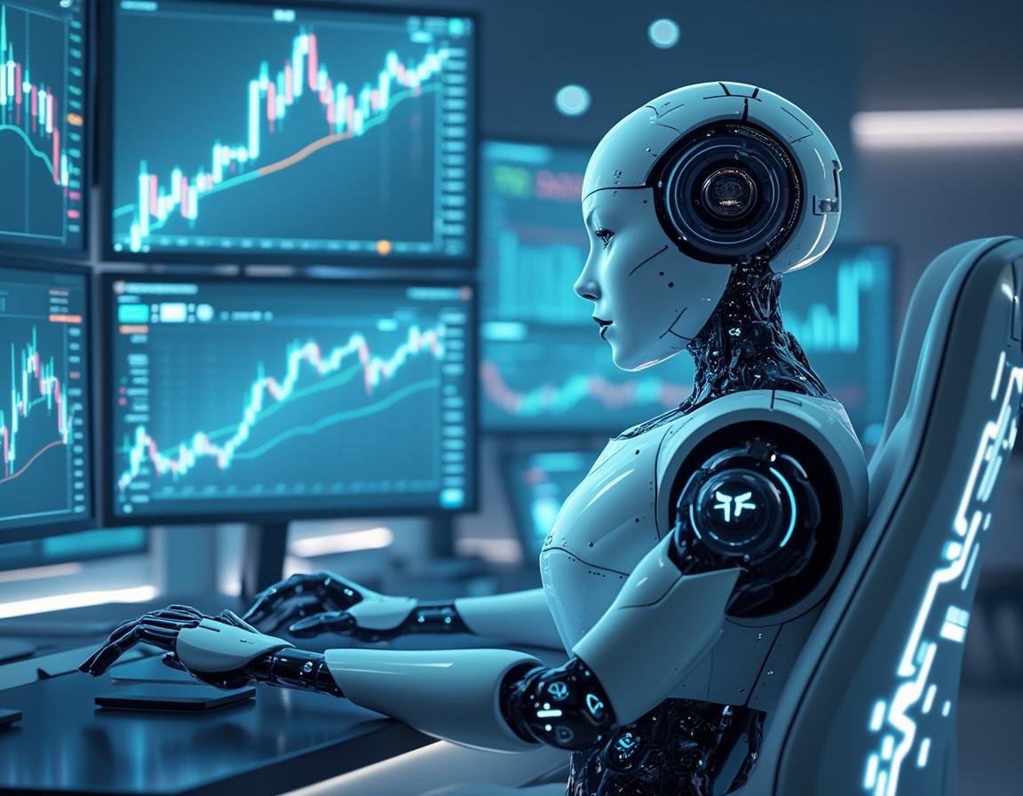 A hyper-realistic AI trading bot analyzes financial data on multiple screens in a high-tech setting.