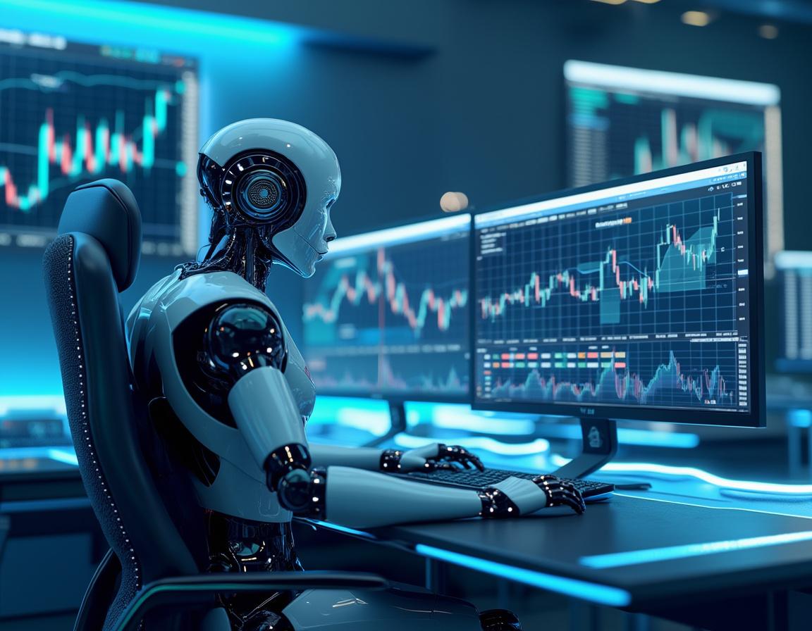 A hyper-realistic AI trading bot in a futuristic setting, analyzing market data on multiple screens.