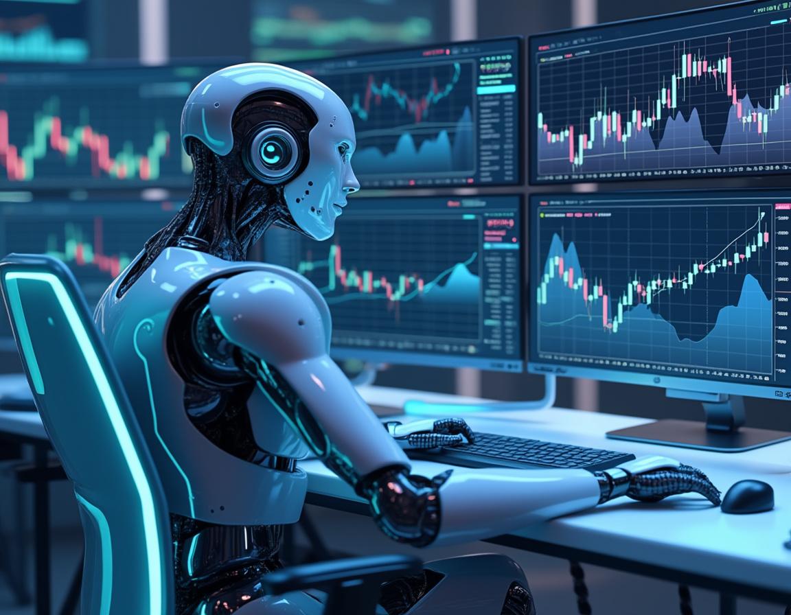 A humanoid AI trading bot at a high-tech workstation, analyzing market data on multiple screens.