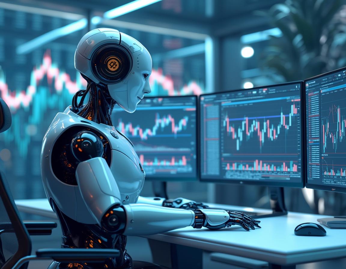 A humanoid AI trading bot analyzes market data at a high-tech workstation with multiple screens.