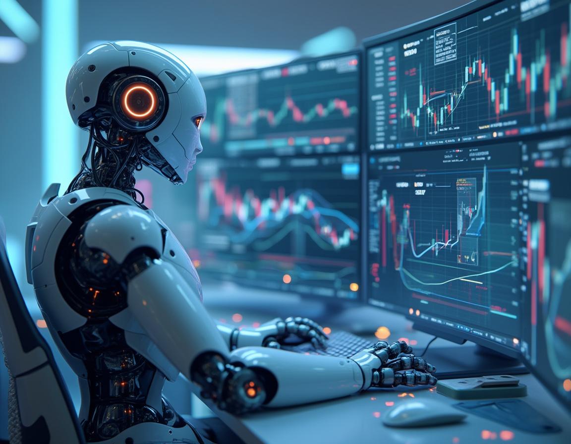 A humanoid AI trading bot at a high-tech workstation analyzes market data on multiple screens.