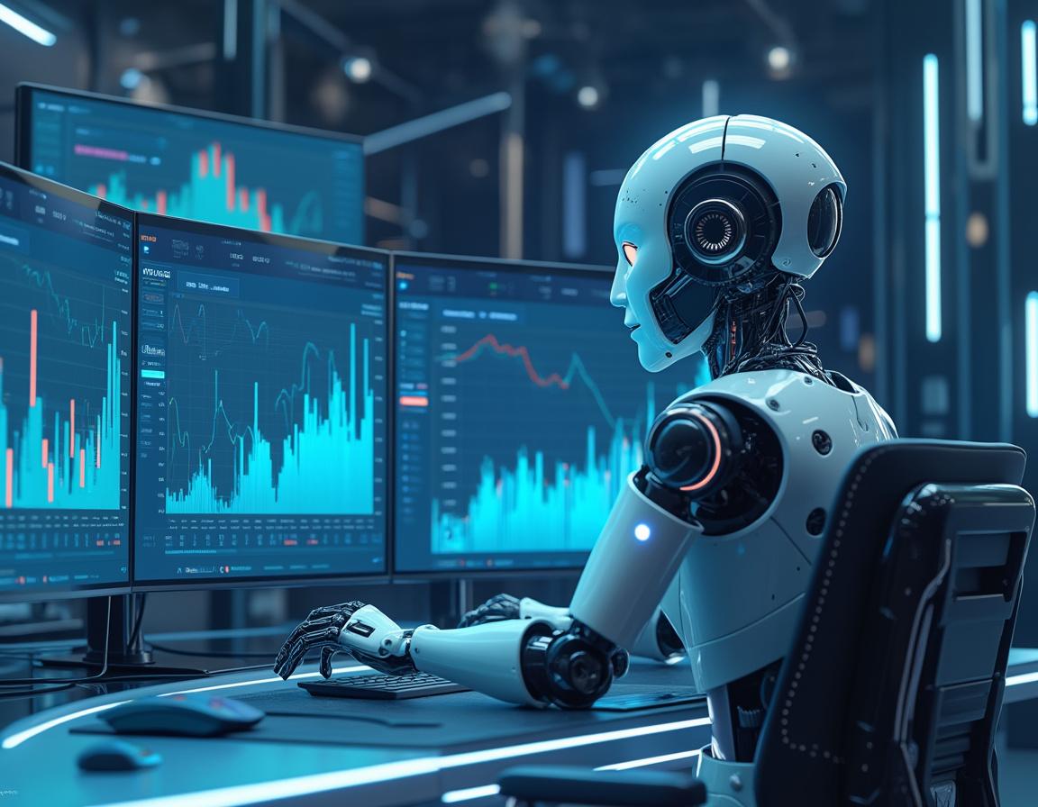A humanoid AI trading bot at a high-tech station analyzes market data with multiple glowing screens.