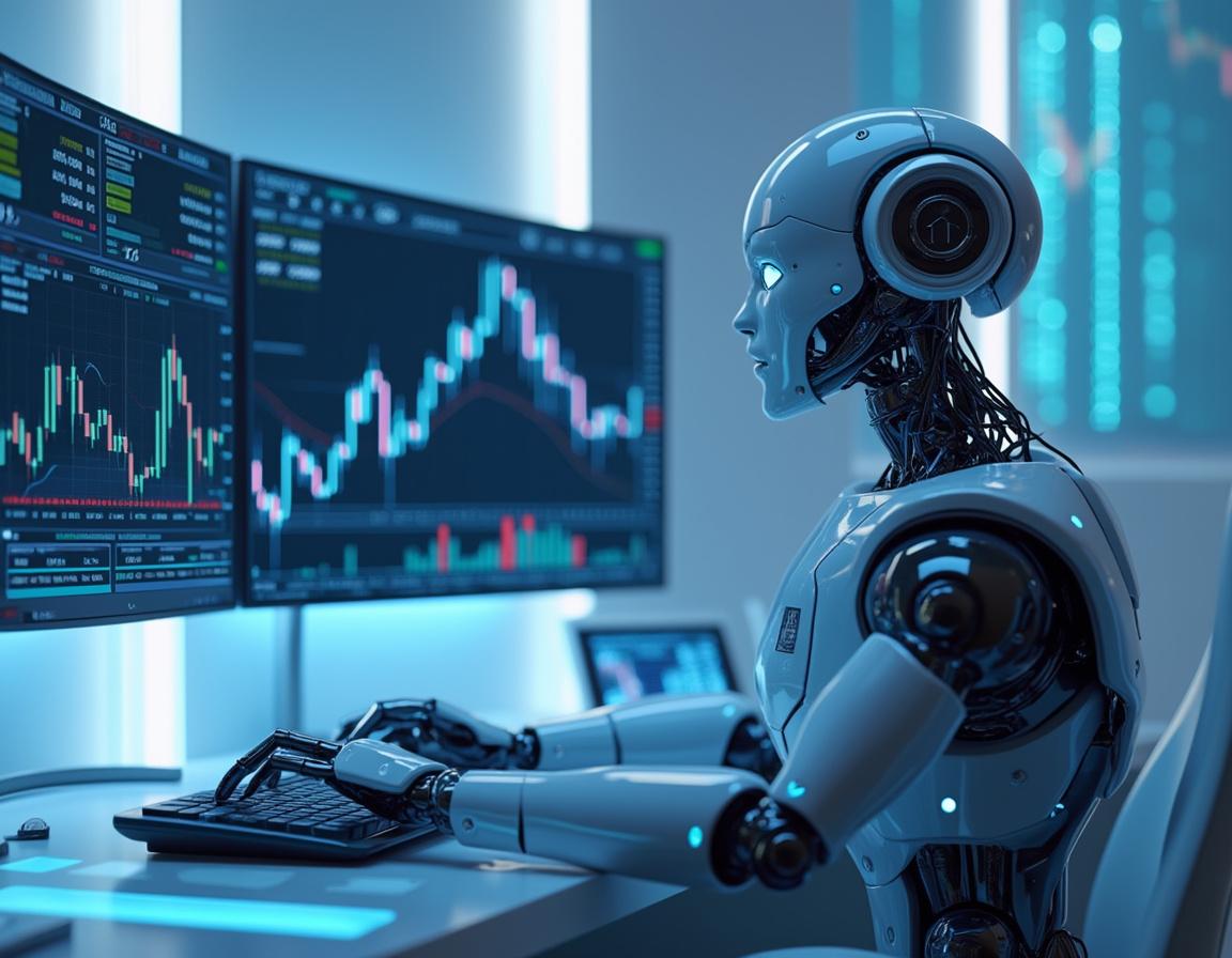 A humanoid AI trading bot at a futuristic workstation analyzing market data across multiple screens.