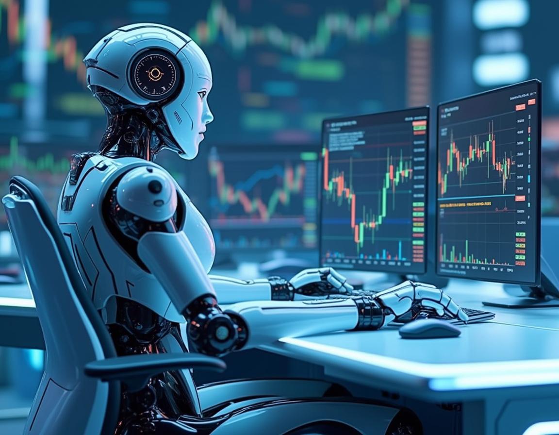 A hyper-realistic AI trading bot at a workstation analyzing market data with multiple screens.